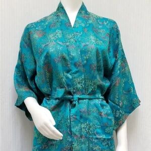 DONATED Vintage Double Peach Satin Jacquard Chinese Kimono Robe with Belt